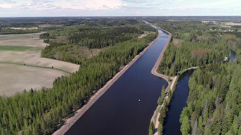 Ilmakuva Saimaan kanavasta Kansolan kohdalta.