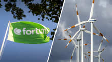 Kaksi kuvaa, joista toisessa liehuu vihreä lippu, jossa lukee Fortum, ja toisessa on tuulivoimaloita tummaa taivasta vasten.