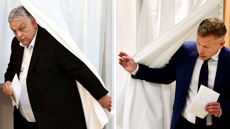 Yhdistelmäkuvassa Viktor Orban ja Peter Magyar tulevat äänestyskopista.