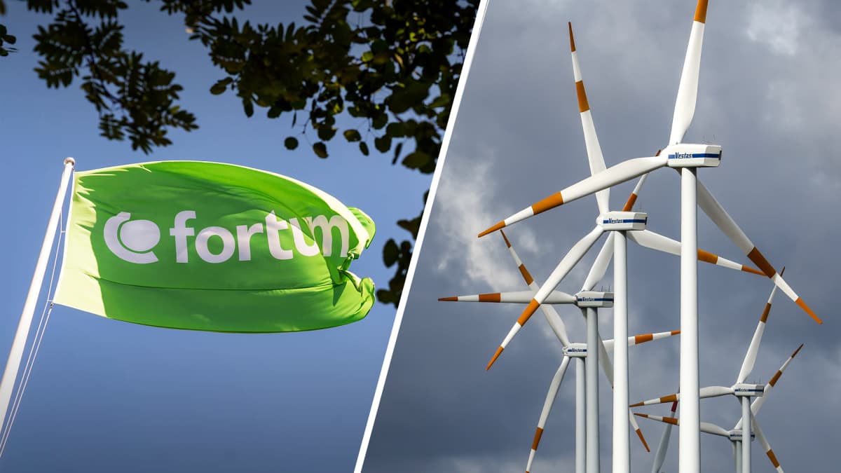 Kaksi kuvaa, joista toisessa liehuu vihreä lippu, jossa lukee Fortum, ja toisessa on tuulivoimaloita tummaa taivasta vasten.