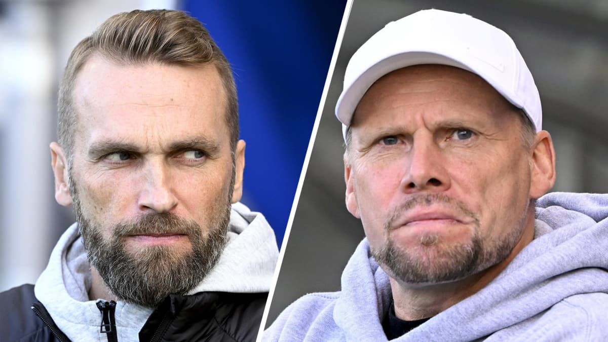 Kuvakombossa KuPS:n päävalmentaja Jani Honkavaara ja HJK:n päävalmentaja Toni Korkeakunnas.