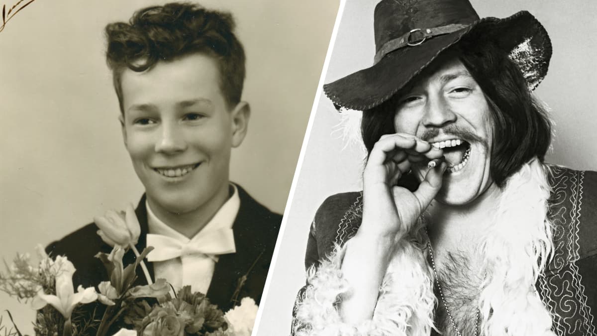 Kuvamanipulaatio missä rinnakkain Irwinin rippikuva ja Irwinin artistikuva. Oikealla puolella nuori poika kukka kimpunkanssa. Vasemmalla mies nauramassa tupakki kädessään.
