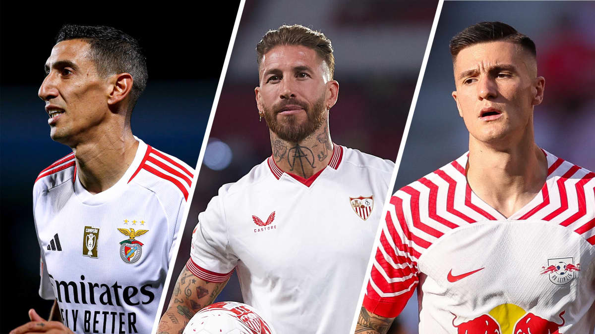 Kuvakombossa Benfican Angel Di Maria, Sevillan Sergio Ramos ja RB Leipzigin Benjamin Šeško.