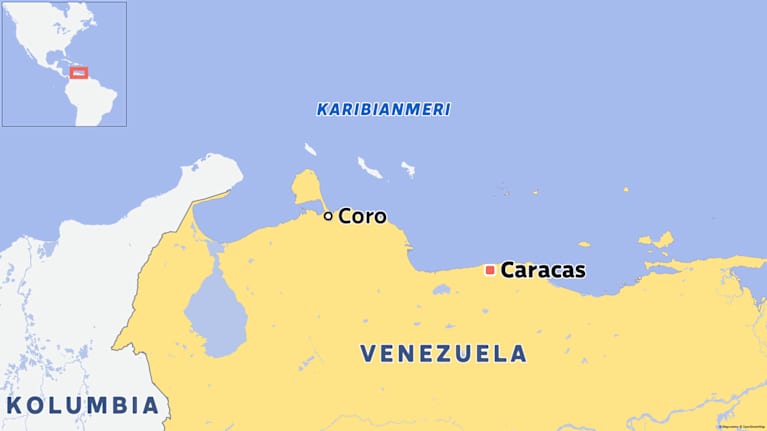 Kartta näyttää Coron ja Caracasin kaupunkien sijainnit Venezuelassa.