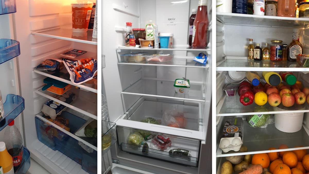 Näkymä kolmeen avattuun jääkaappiin, joissa on kaikissa erilaiset sisällöt.