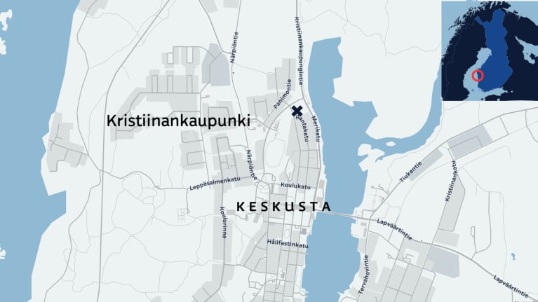 Kartta Kristiinankaupunfin keskustasta.
