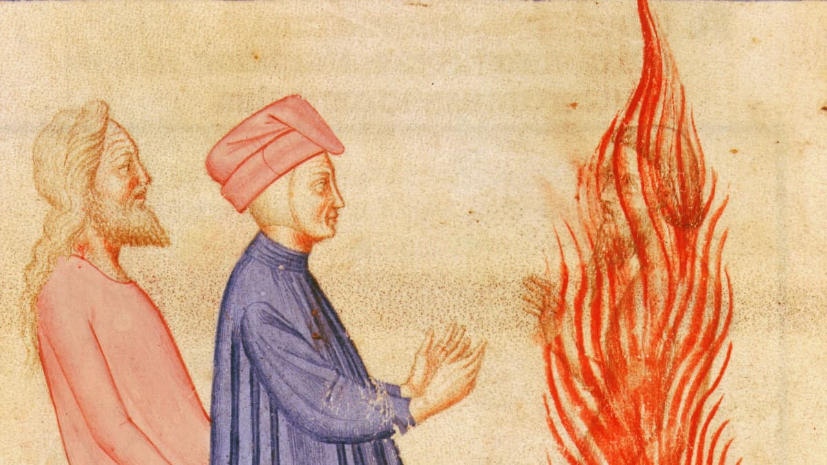 Dante ja Virgil puhuvat Ulyssesille joka on liekeissä.
