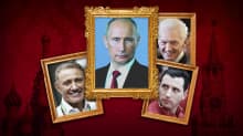 Grafiikkakuvitus, jossa taulunkehyksissä Vladimir Putin, Gennadi Timtsenko, Boris Rotenberg ja Roman Rotenberg. Taustalla punainen tapettikuvio.