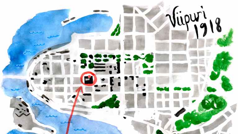Vesivärikuva Viipurin kartasta vuodelta 1918, siihen on ympyröity Seurahuoneen sijainti punaisella. 