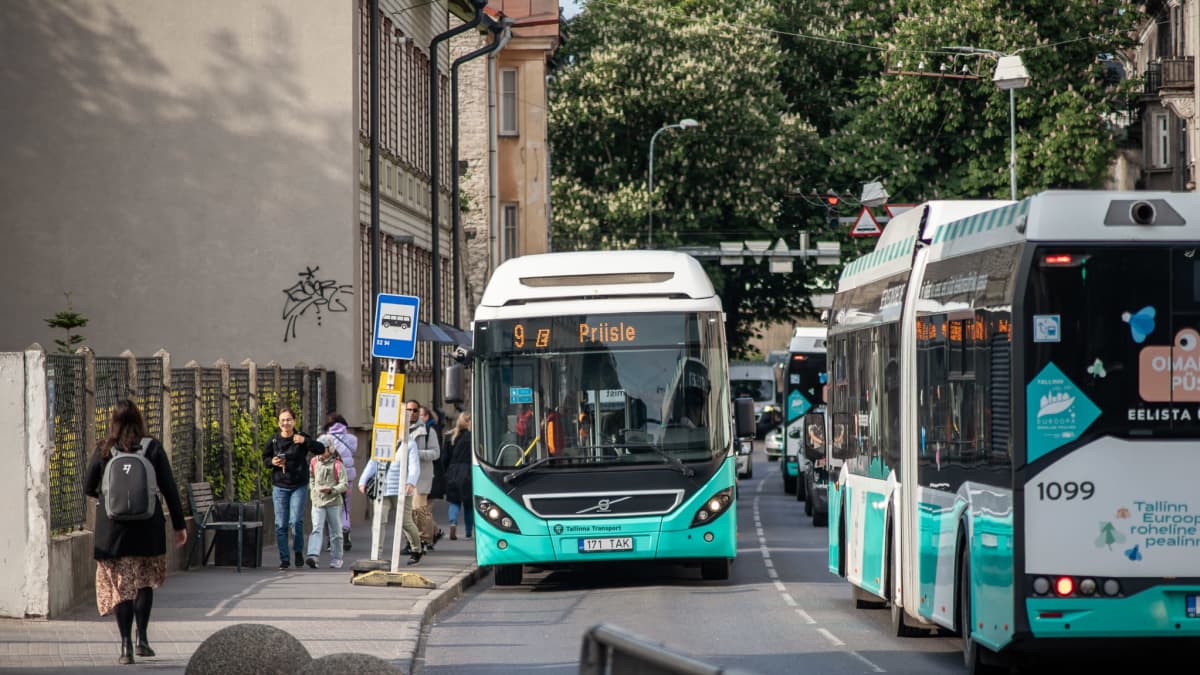Linja-autoja jonottaa väliaikaisella pysäkillä.