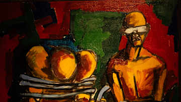 Kaksi abstraktisti esitettyä hahmoa on sidottu tummasävyisessä maalauksessa.