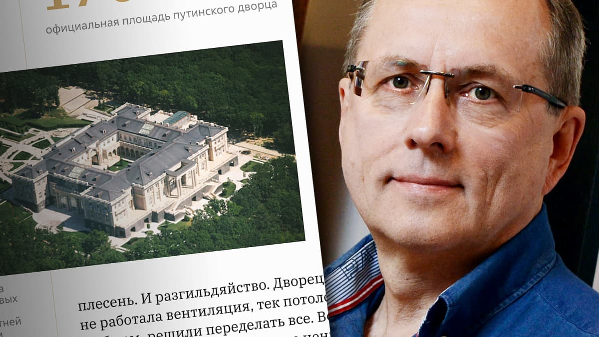 Yhdistelmäkuva, jossa kuvakaappaus Putinin palatsia käsittelevältä sivustolta sekä Sergei Kolesnikovin kasvokuva.