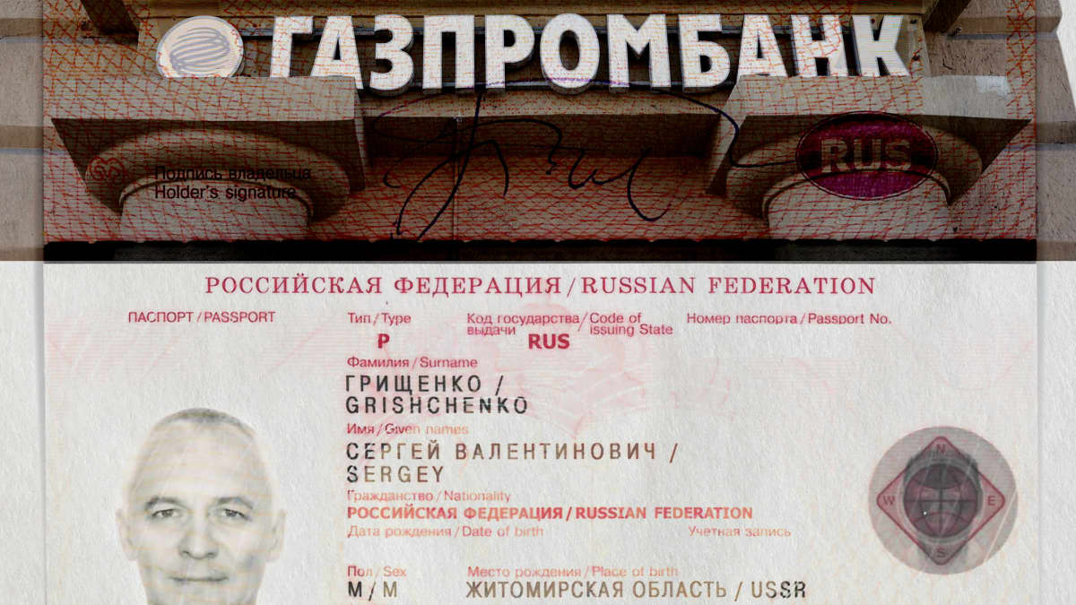 Kollaasikuvitus: Sergei Grishchenkon passi ja Gasprombankin pääkonttorin valokuva.
