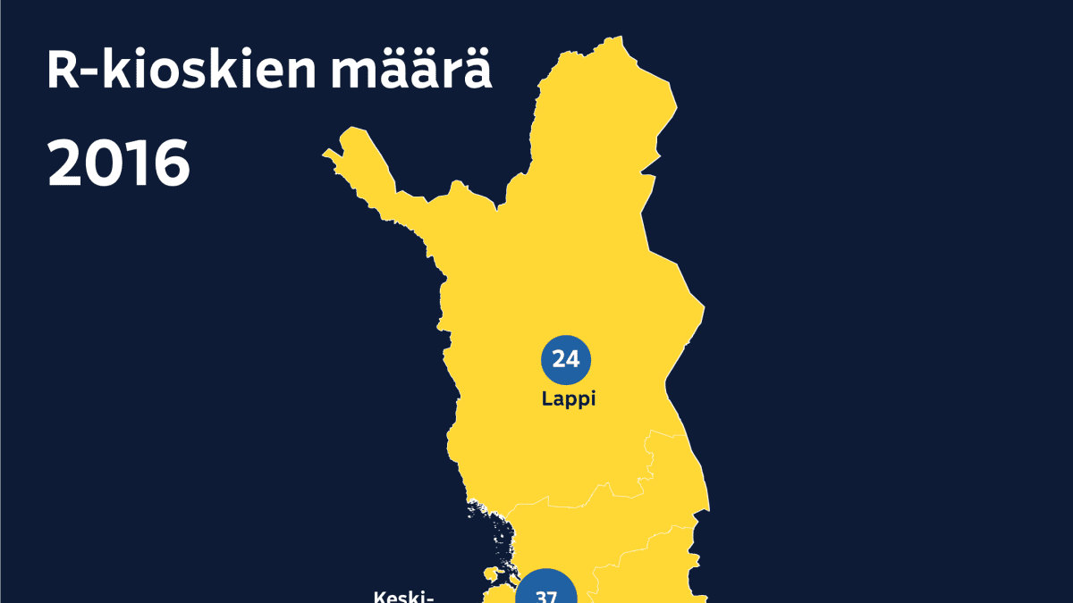 Kartalla näkyy R-kioskien määrä Suomessa vuonna 2016 maakunnittain. Uudellamaalla kioskeja oli 188 ja Lapissa 24.