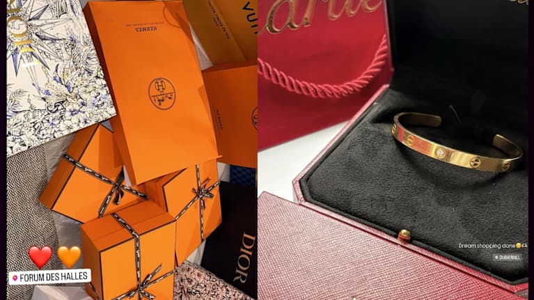 Kuvakaappaukset AK Groupin jäsenen ostoksista, jossa näkyy luksusmerkkien tuotteita.