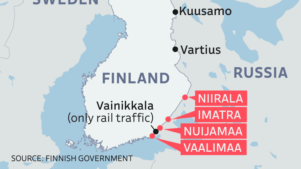 The map shows the border points that will be closed: Niirala, Imatra, Nuijamaa and Vaalimaa.