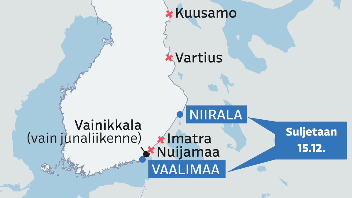 Kartta näyttää itärajan raja-asemat.