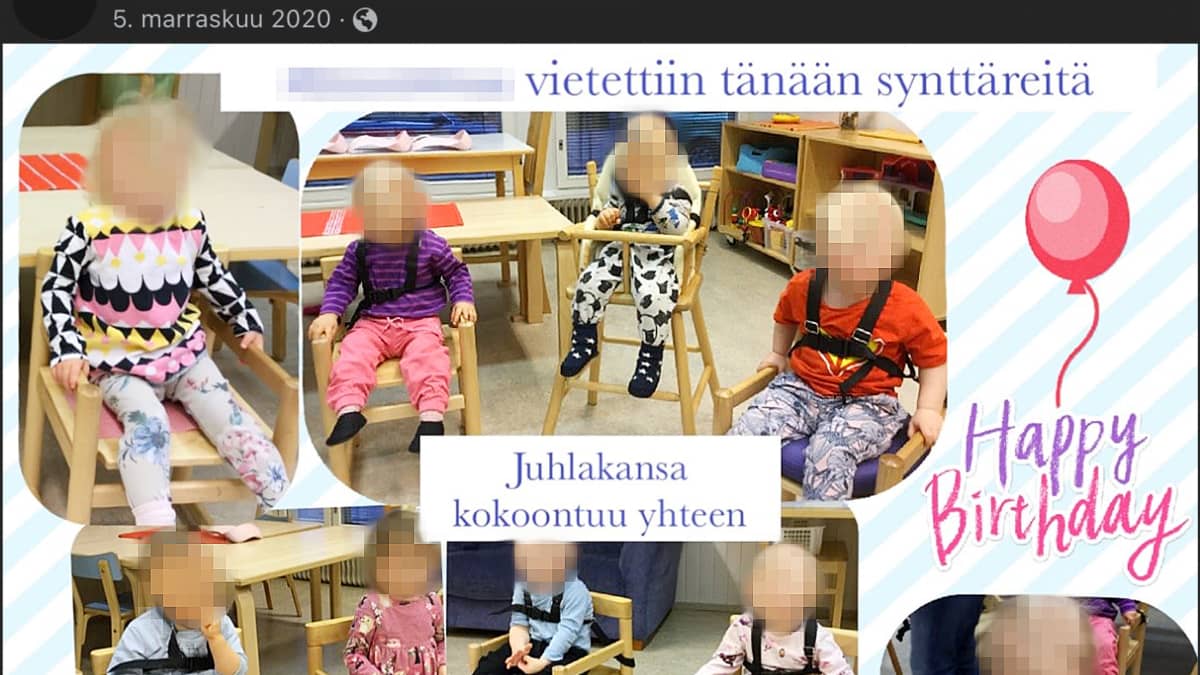 Facebook-julkaisu syntymäpäivän vietosta päiväkodissa. Osa lapsista sidottuna tuoleihin valjailla. Päivämäärä: 5.11.2020
