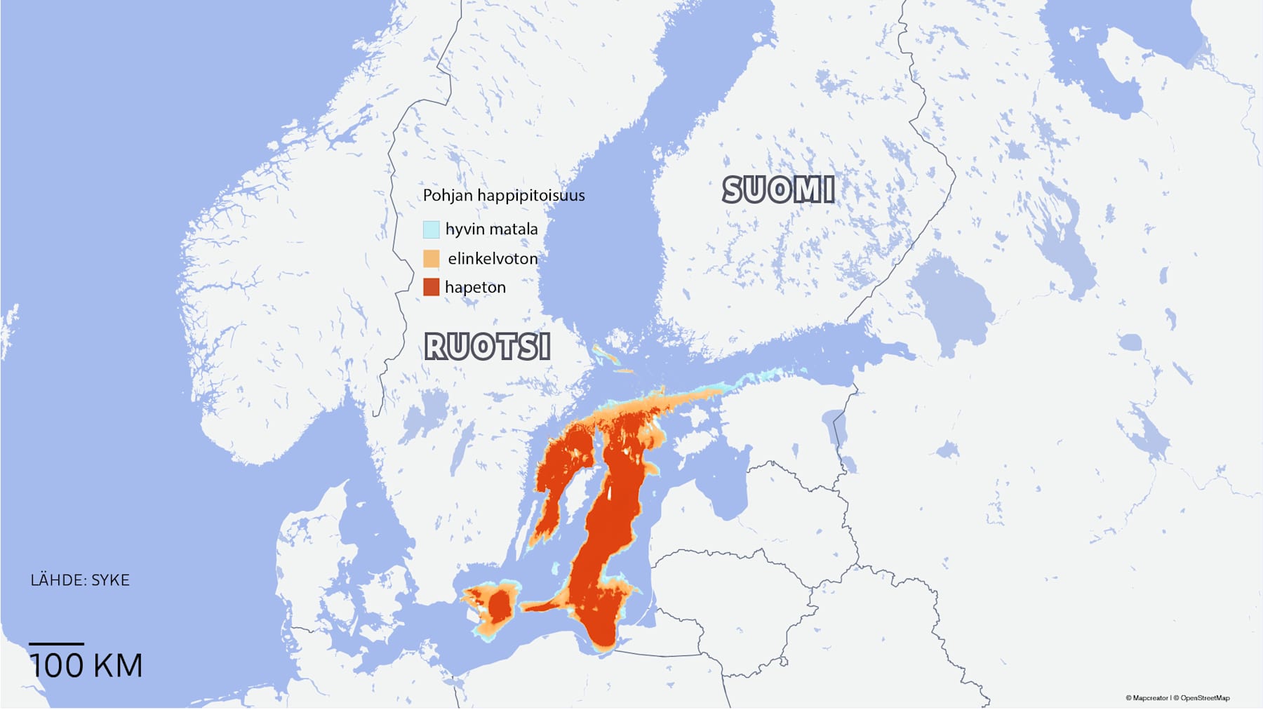 Kartta näyttää punaisella ja oranssilla, missä Itämeren pohjan vähähappiset ja hapettomat alueet ovat.