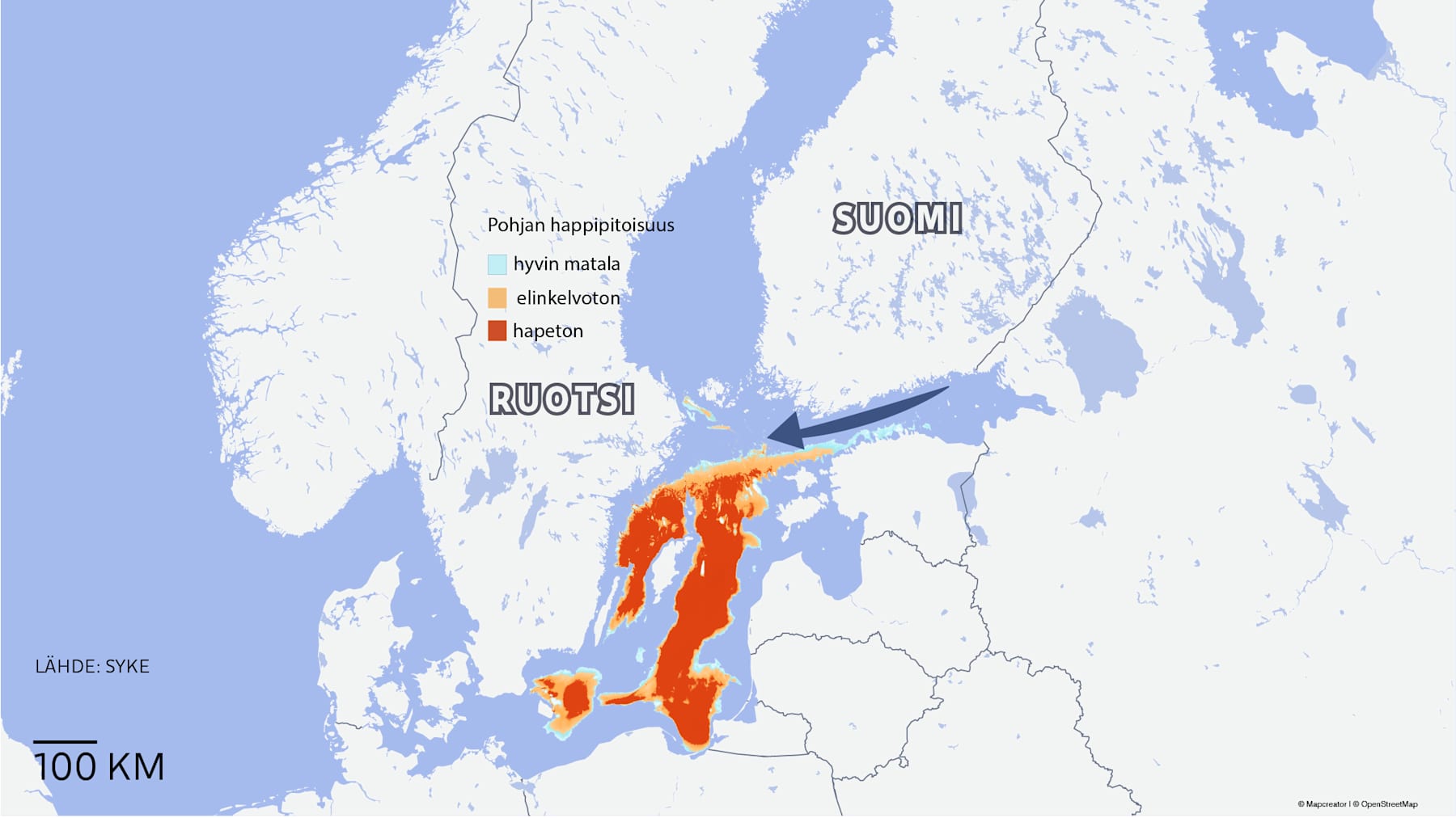 Kartta näyttää punaisella ja oranssilla, missä Itämeren pohjan vähähappiset ja hapettomat alueet ovat. Sininen nuoli näyttää itätuulen länteen kuljettaman pintaveden.