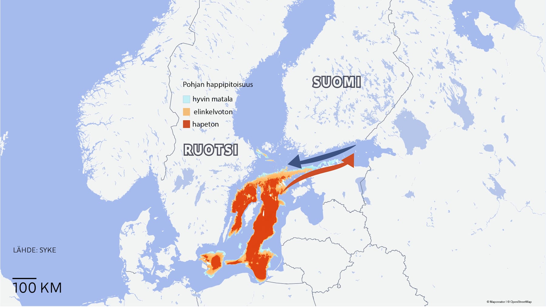 Kartta näyttää punaisella ja oranssilla, missä Itämeren pohjan vähähappiset ja hapettomat alueet ovat. Sininen nuoli näyttää itätuulen kuljettaman pintaveden ja punainen nuoli Suomelahdelle kumpuavaa hapetonta vettä.