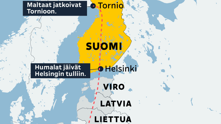 Kartta, johon merkitty reitti Ukrainan Oblonista Suomen Tornioon.