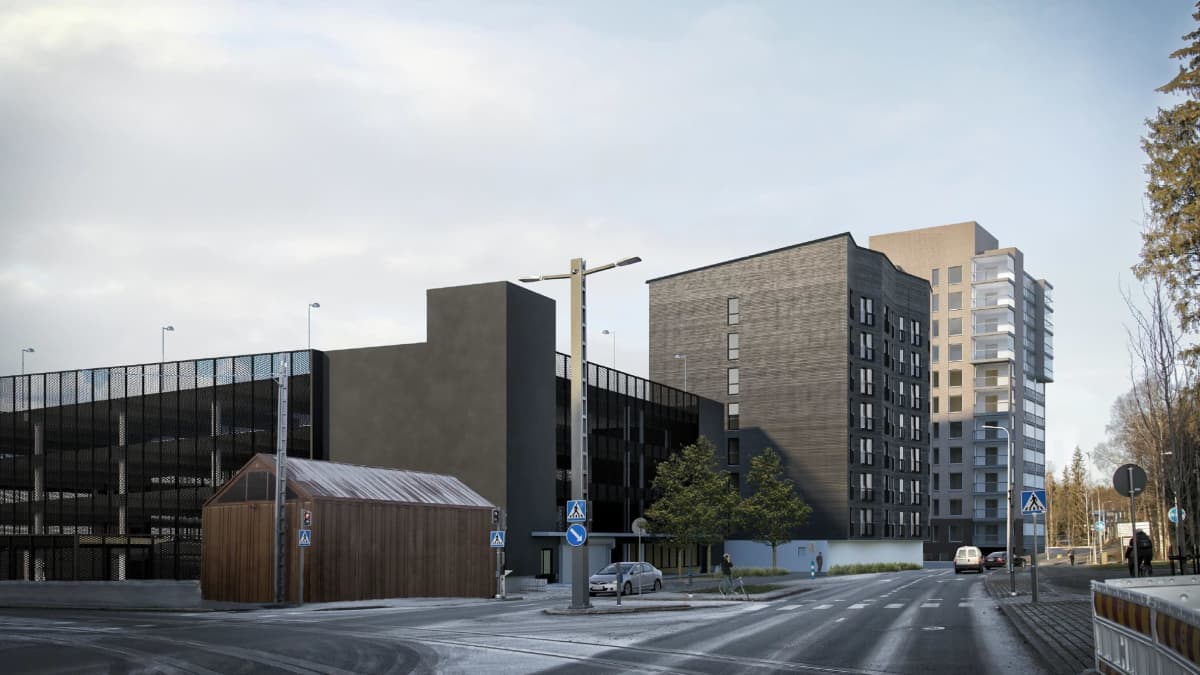 Havainnekuva Tampereen Kauppiin suunnitellusta 8-kerroksisesta opiskelijatalosta, tummasävyinen puukerrostalo.