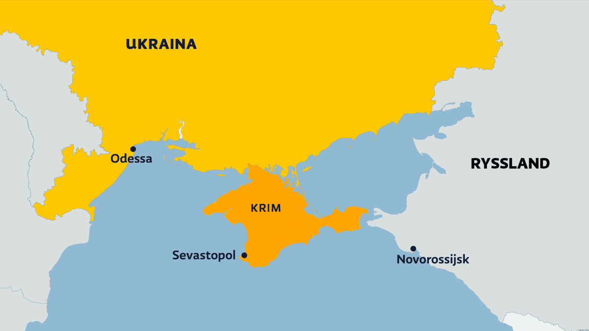 En karta över norra delen av Svarta havet, södra Ukraina och sydvästra Ryssland. Hamnstaden Sevastopol är markerad på Krim och på det ryska fastlandet är Novorossijsk också markerad. På det ukrainska fastlandet är staden ODessa markerad.