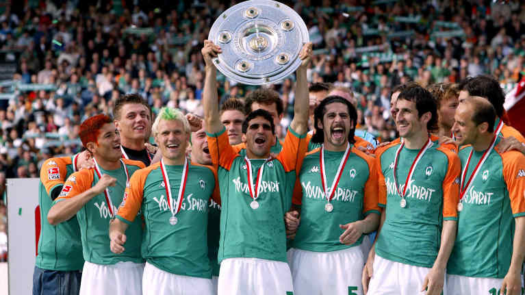 Pekka Lagerblom juhli Werder Bremenin kanssa Bundesliigan mestaruutta 2004.