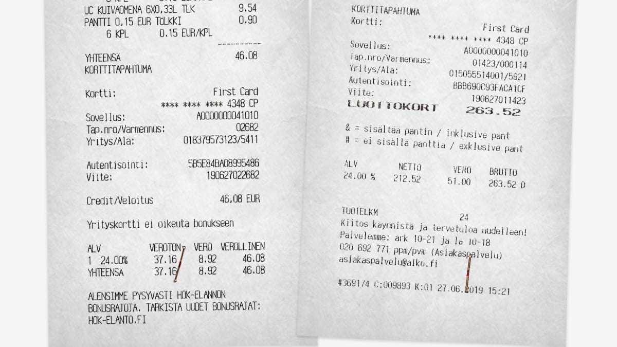 Ministeriön kuitteja. 