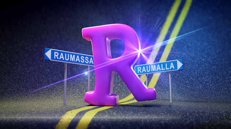 R-kirjain tiellä, kyltit Raumassa ja Raumalla.