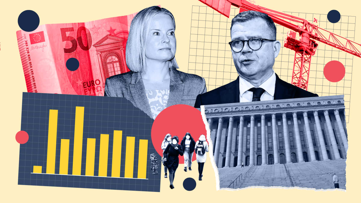 Kollaasikuvitus, jossa on Riikka Purra ja Petteri Orpo, eduskuntatalo, pylväsgrafiikka, nosturi, 50 euron seteli ja pieniä ihmishahmoja sävytettynä tummansiniseksi ja punaiseksi vaaleankeltaista taustaa vasten.