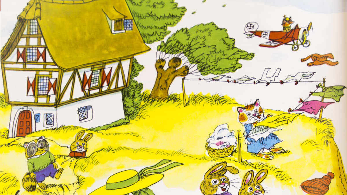 Eläinhahmoja Richard Scarryn touhukkaassa maailmassa.