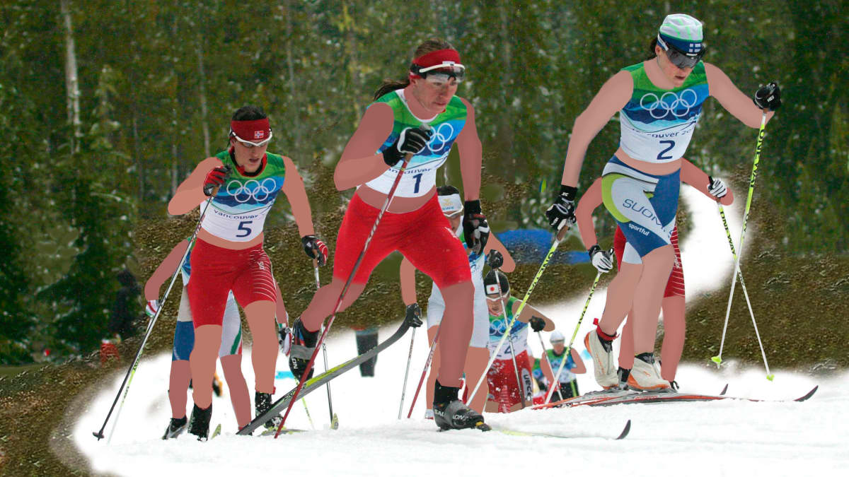 Kuvamanipulaatio: Hiihtäjillä kesäasut päällä ja maisemasta on vähennetty lunta. Vancouverin talviolympialaisissa 2010 Aino-Kaisa Saarinen, Justyna Kowalczyk ja Marit Björgen hiihtämässä.
