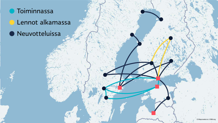 Grafiikka näyttää Lygg-alustan tarjoamat reitit: toiminnassa on reittejä Helsingin, Örebron, Linköpingin ja Tallinnan välillä. Alkamassa on lentoja Tampereen, Iisalmen ja Helsingin välillä. Neuvotteluissa on lentoja Oulun ja Luulajan välillä, Uumajan, Vaasan, Tukholman, Tampereen, Borlängen, Helsingin, Mikkkelin, Tarton ja Riikan välillä.