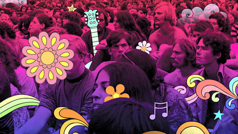 Kukkasgrafiikalla täytetty kuva Woodstockista.