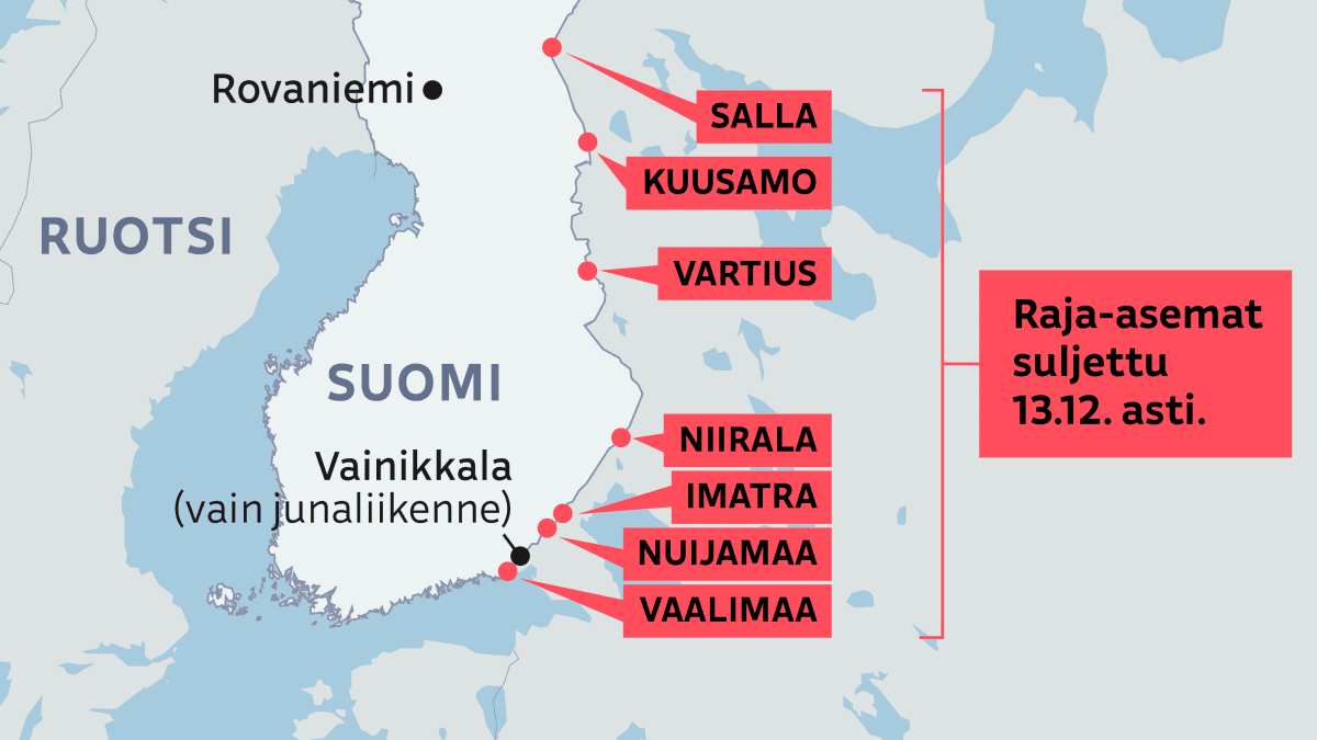 Kartta näyttää Suomen itärajan rajanylityspaikkojen tilanteen.