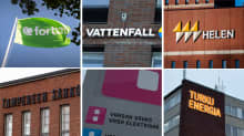 Kuuden kuvan yhdistelmä, jossa näkyy Fortumin, Vattenfallin, Helenin, Tampereen sähkölaitoksen, Vaasan sähkön ja Turku Energian logot.