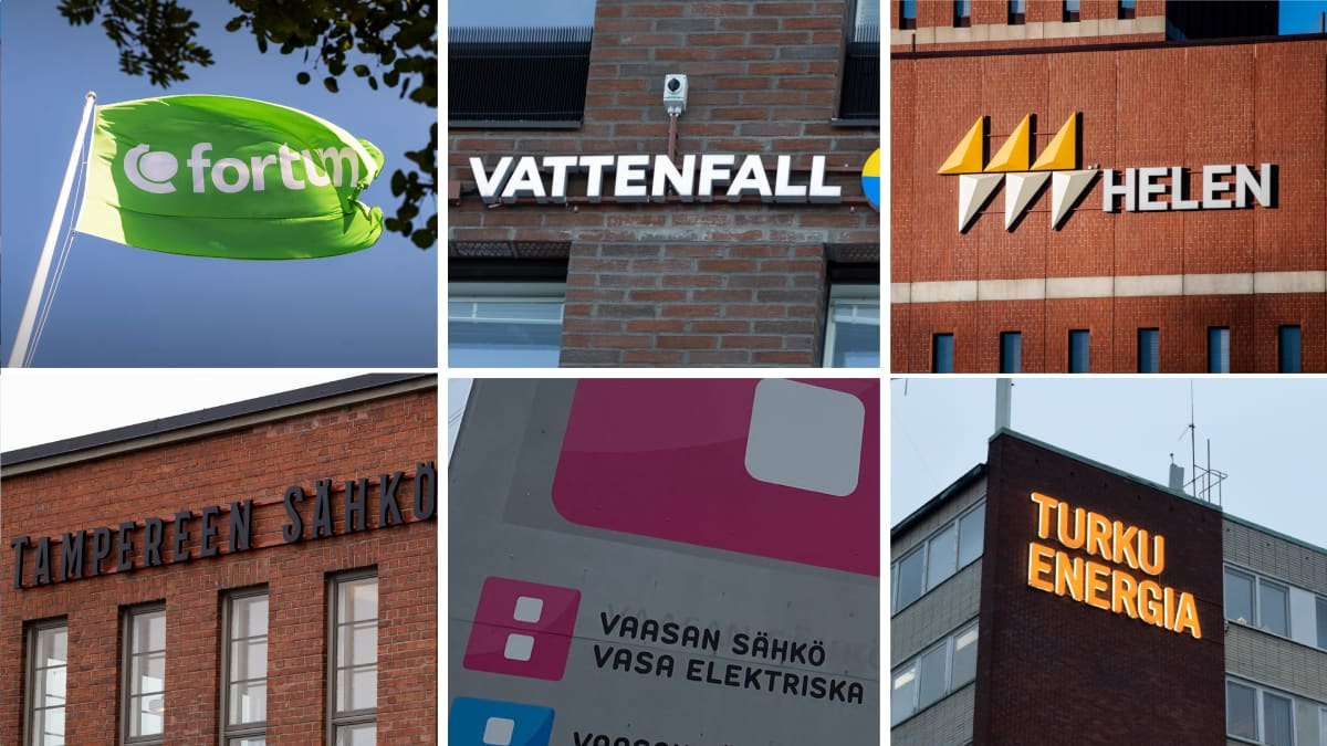 Kuuden kuvan yhdistelmä, jossa näkyy Fortumin, Vattenfallin, Helenin, Tampereen sähkölaitoksen, Vaasan sähkön ja Turku Energian logot.