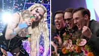 Two photos side by side, with the left picture showing a blonde haired woman holding a trophy and the other of three young men in brown suits cheering.