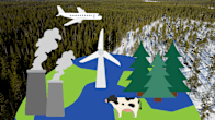 I bakgrunden är en bild på skog som. På bilden är det satt grafik som föreställer jordgloben med granar, vindkraftverk, fabrikspipor, en kossa och ett flygplan som flyger. 