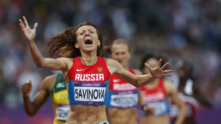 Venäjän Marija Savinova juoksee voittoon Lontoon olympialaisissa.