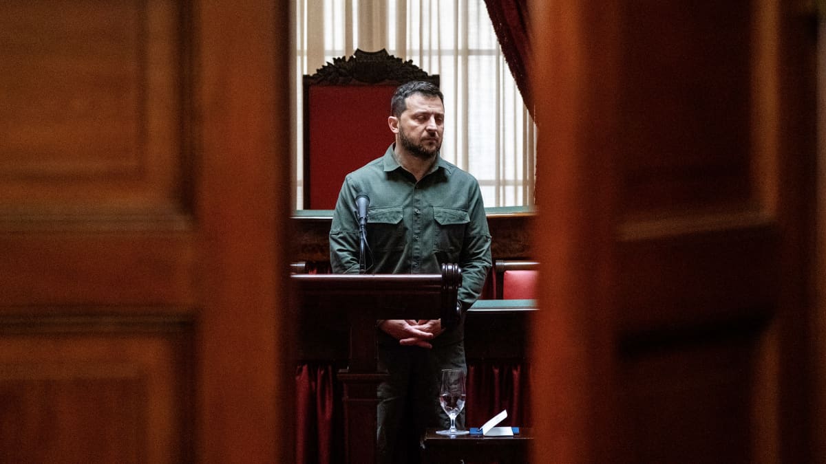 Volodymyr Zelenskyi kuvattuna oven raosta.