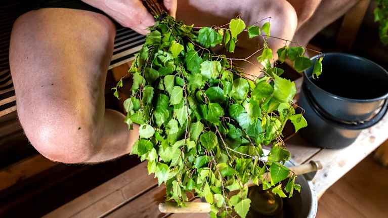 Björkris att ha med i en bastu.