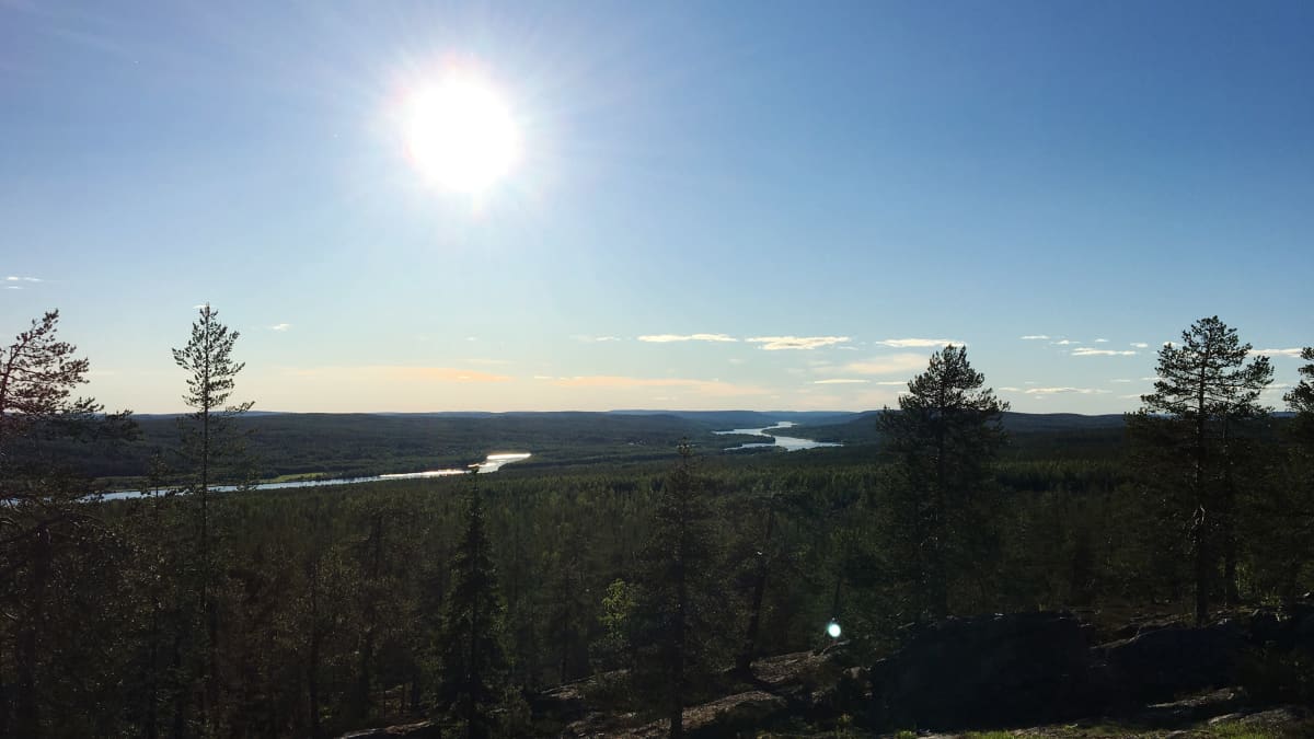 Kuvassa on maisema Ounasjoelle Santavaaran laella olevalta Kuninkaanlaavulta Rovaniemellä juhannuksena 2020.
