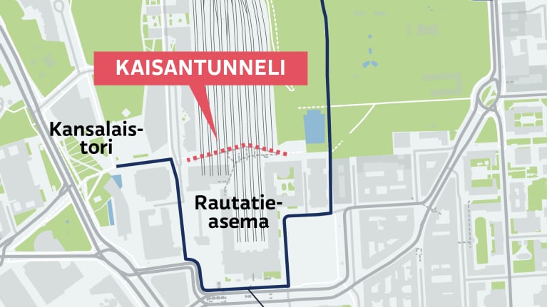 Uusi Kaisantunneli Rautatieasemalla ja vanha pyöräilyreitti.