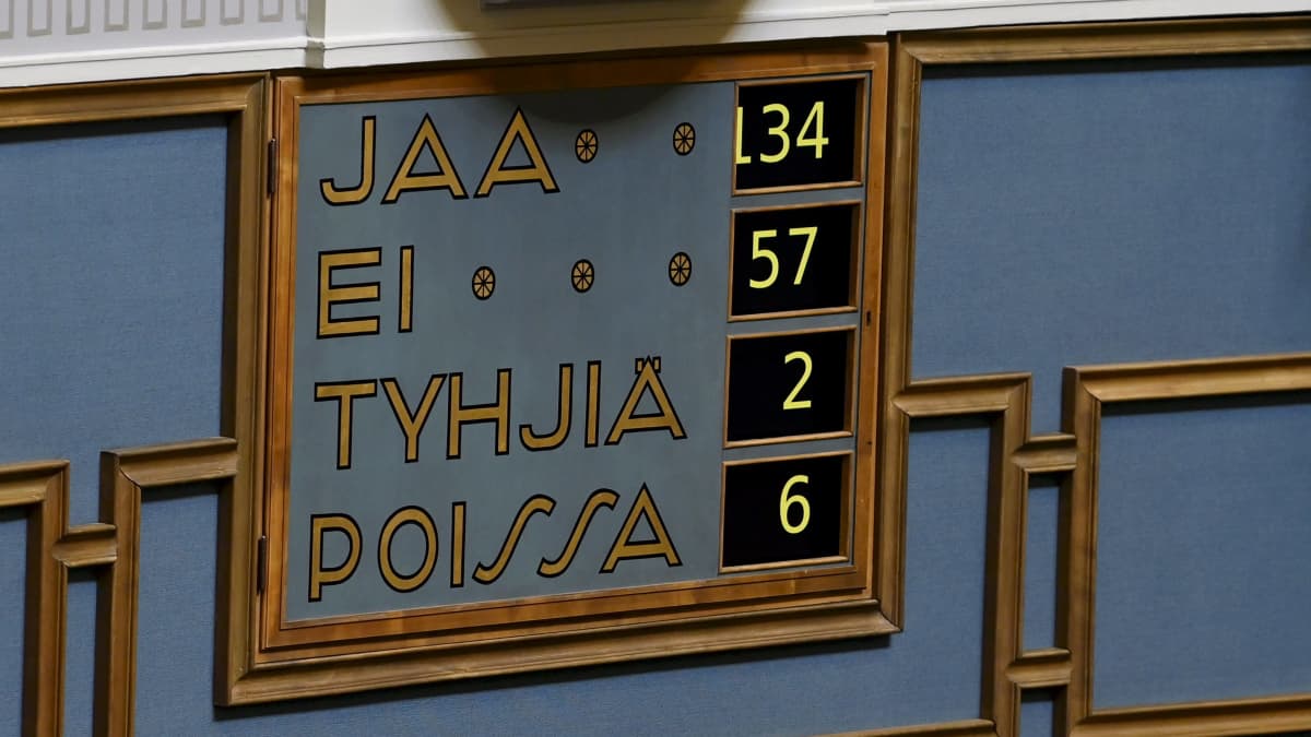 Omröstningsresultatet på tavlan i plenisalen i riksdagen.