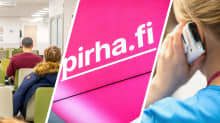 Kolmen kuvan kollaasi, jossa ensimmäisessä kuvassa istuu ihmisiä sairaalan odotushuoneessa, keskimmäisessä lukee pinkillä pohjalla "pirha.fi" ja viimeisimmässä sairaanhoitaja pitää puhelinta korvallaan.