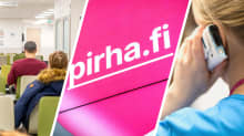 A three-photo collage shows people in a waiting room, a sign displaying the logo pirha.fi, and a healthcare worker speaking on the phone.