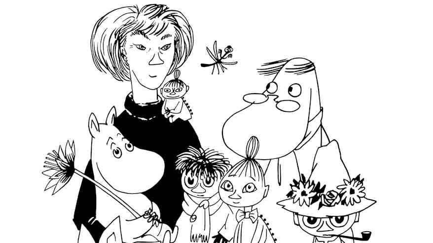 Piirroskuva, jossa taiteilija Tove Jansson muumihahmojen ympäröimänä.
